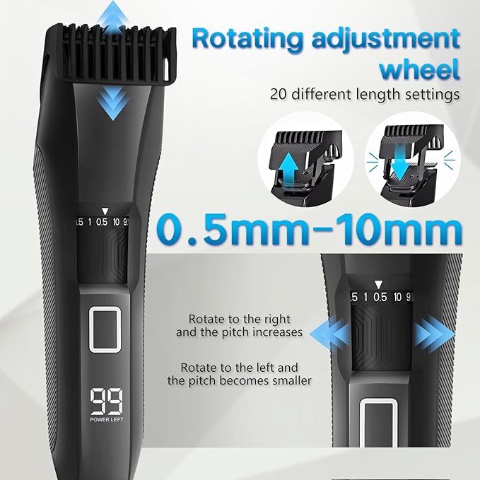 Beard Trimmer for Men 20 Length Adjustable Cordless Waterproof Clippers Stainless Steel T-Blade for Precision Facial Hair Trimming with 2 Guide Combs Travel Lock LED Display