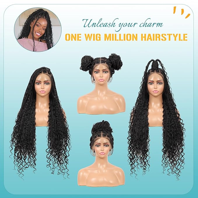 Kalyss HD Full Lace Boho Braided Wigs for Women 360 Lace Front Box Braided Wigs with Baby Hair Black Premium Synthetic Knotless Braid Wig 36