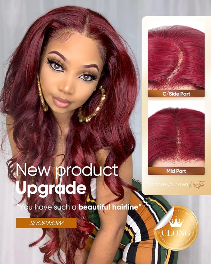13X6 99j Burgundy Lace Front Wigs Human Hair200% Density 99j HD Lace Front Wigs Red Colored Body Wave Human Hair Wigs 30inch