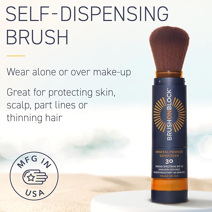 Brush On Block New Formula SPF 30 Mineral Powder Sunscreen Touch of Tan Refillable Broad Spectrum Water Resistant Face Protection For All Skin Types Subtle Hint of Color Reef Friendly