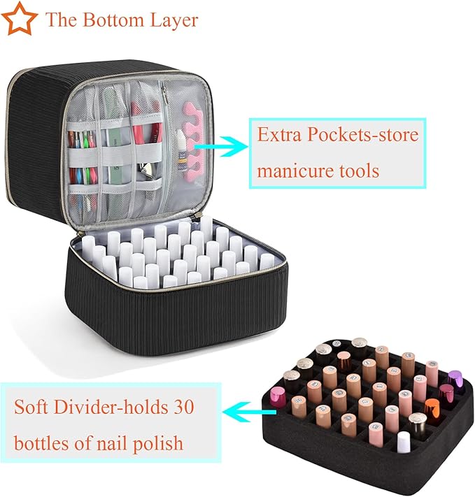 Corduroy Nail Polish Organizer and Nail Lamp Case Nail Kit Organizer Holds 30 Bottles (15ml - 0.5 fl.oz) and a Nail Lamp Nail Polish Carrying Case with Manicure Tools Storage Sections (Black)
