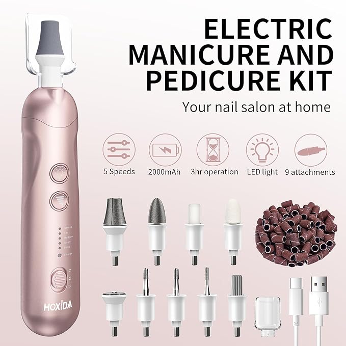 Cordless Electric Nail File Set Rechargeable Pedicure Tools for feet Professional Manicure Pedicure Kit 5 Speeds Hand Foot Care Nail Drill for Thick Nail Toenail Cuticle Women Men Pets
