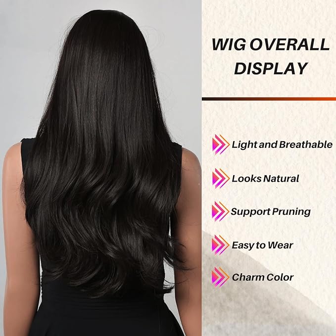 Honygebia Black Wig with Bangs - Natural Black Wigs for Women Long Straight Wavy Synthetic Hair Layered Realistic Heat Resistant Wig Best for Halloween/Christmas/Cosplay/Party