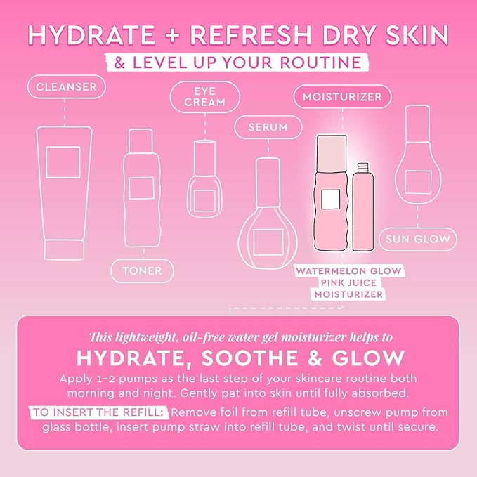 Glow Recipe Refill Pink Juice Water Gel Face Moisturizer for Women Men &amp Teens - Hydrating Hyaluronic Acid Radiance Boosting Non-Comedogenic Oil-Free Lasting Korean Skin Care for Oily Skin 6
