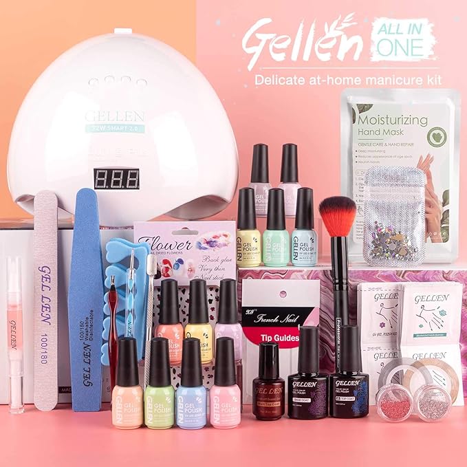 GELLEN Gel Nail Polish Kit with Nail Light 72W Nail Dryer 12 Gel Nail Polish Colors No Wipe Top Base Coat Nail Art Decorations Manicure Tools All-In-One Manicure Kit Macaron Candy