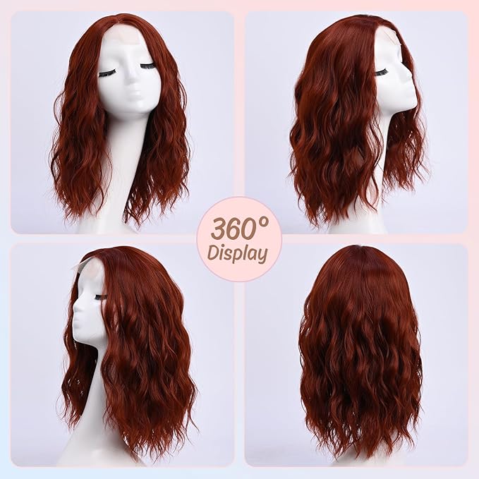 Medium Length Copper Red Wavy Wigs for Women 18 Inch Middle Part Wavy Fox Red Wig Natural Looking Synthetic Heat Resistant Fiber Wig for Daily Party Use (18 inch)