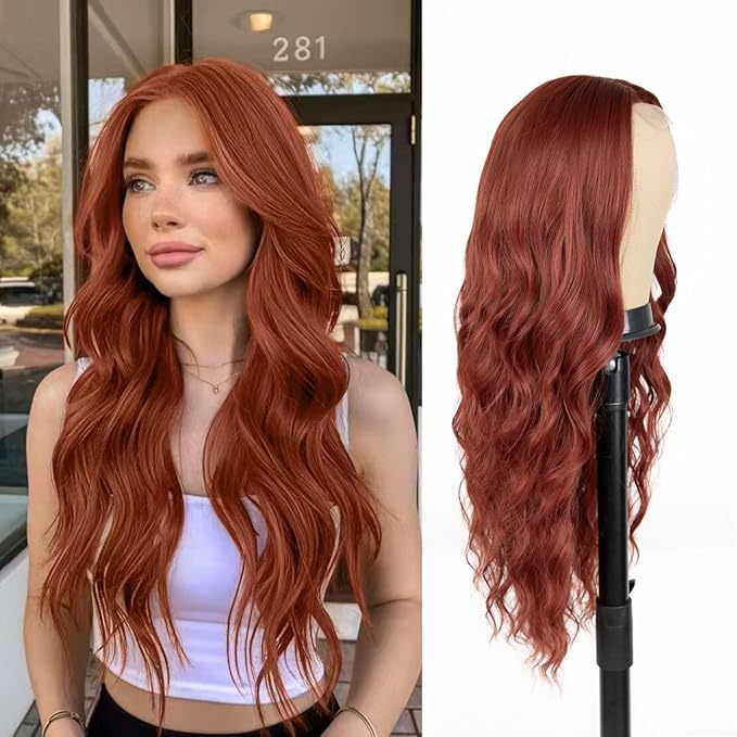 Auburn Wigs for Women 26 inch Lace Hairline Middle Part Long Curly Wig Heat Resistant Synthetic Hair Looking Natural Fiber Wig for Daily Party Use