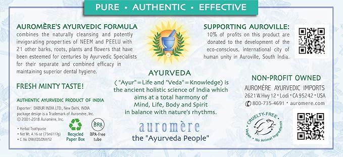 Auromere Ayurvedic Herbal Toothpaste Fresh Mint - Vegan Natural Non GMO Flouride Free Gluten Free with Neem &amp Peelu (4.16 oz) 5 Pack