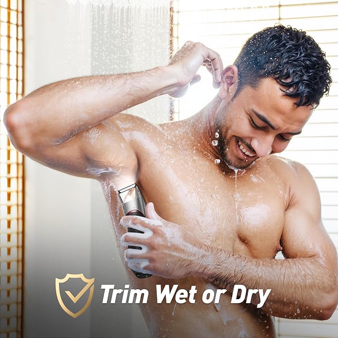 Body Groomer for Men: Pubic Hair Trimmer with Mirror &amp LED Light - Electric Ball Shaver with Ceramic Blades &amp Travel Lock - Men's Shaver IPX7 Waterproof for Use on Groin/Legs/Chest