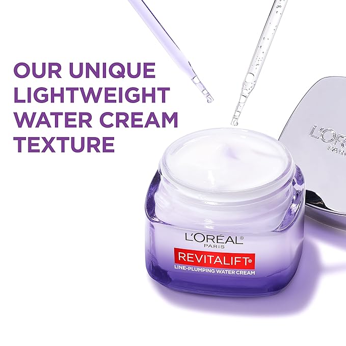 L'Oreal Paris Revitalift Moisturizer Hyaluronic Acid Water Cream with Ceramides Deeply Hydrating Fragrance Free 1.7 oz + Serum Sample