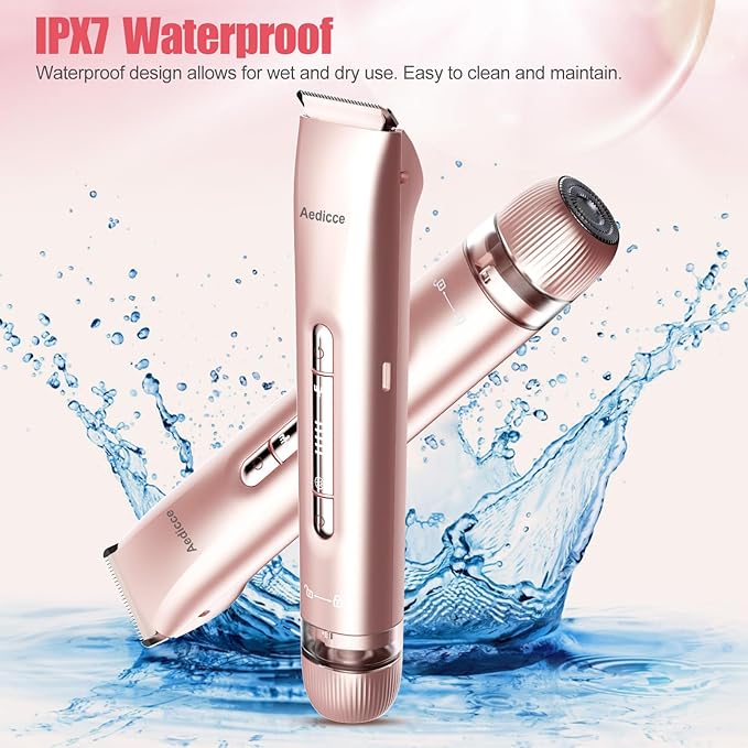 Bikini Trimmer for Women 2 in 1 Dual Head Womens Electric Shaver Electric Razors for Pubic Hair IPX7 Waterproof Rechargeable Facial Hair Removal for Shaving Underarm Leg Arm Body Face Rose Gold