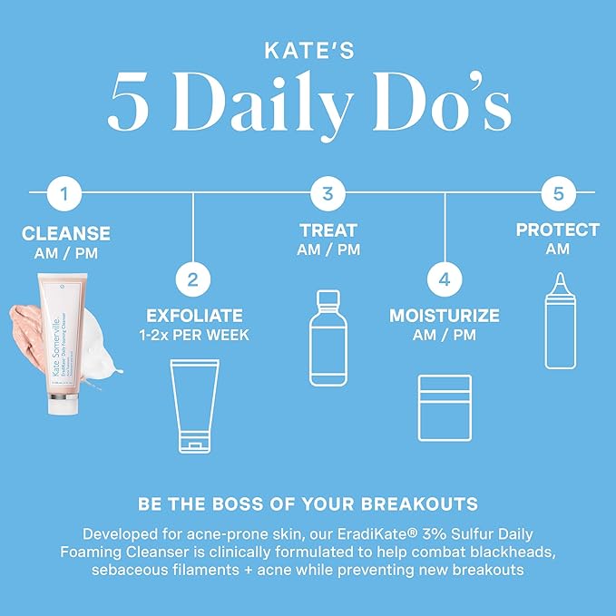Kate Somerville EradiKate 3% Sulfur Daily Foaming Cleanser Acne Treatment ? Clinically Formulated Medicated Face Wash Balances Skin and Cleans Pores 2-Pack of 4 Fl Oz Each