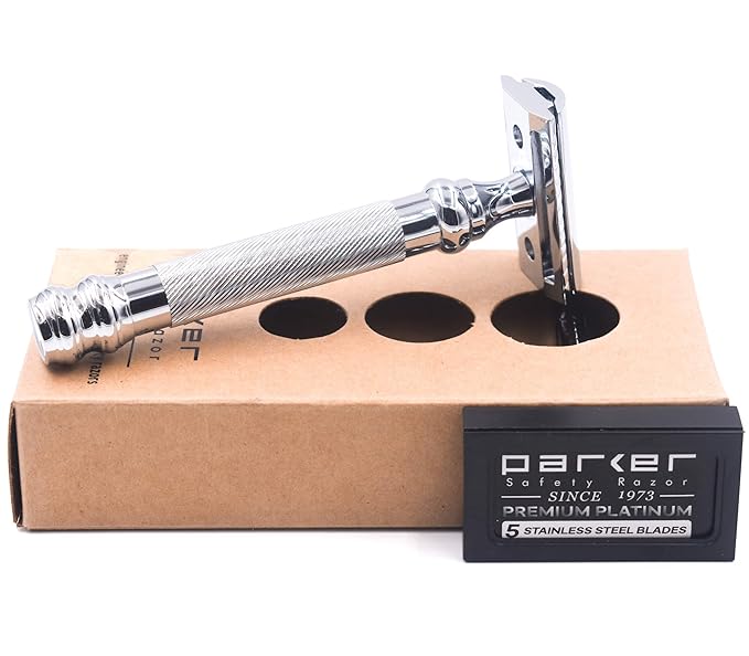 Parker 98R Heavyweight 3-Piece Double Edge Safety Razor ? Long Handle Closed Comb Design for Smooth Wet Shaving Includes 5 Platinum Blades ? Iconic Brand in Traditional Shaving