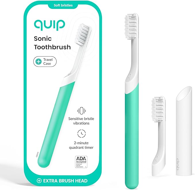 Quip Sonic Toothbrush for Adults with Timer - Includes Extra Brush Head and Travel Cover Mount - Electric Soft Bristle Refill Head Plastic Handle 3 Month Battery Life - Travel Toothbrush - Green