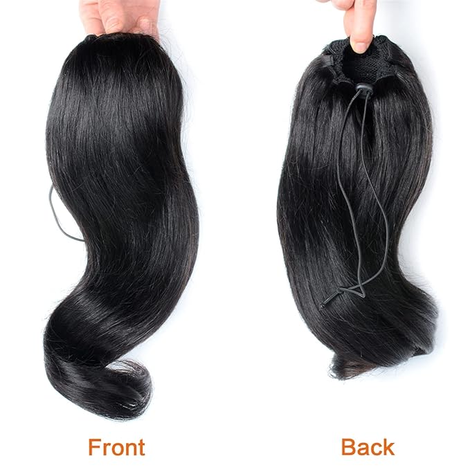Hair Accessories Ponytail Hair Extensions Brazilian Human Hair 12-18 Inch Tail Warped Ponytail Wig with Drawstring Ponytail Barrette Hair Pieces For Women(16inch 100g)