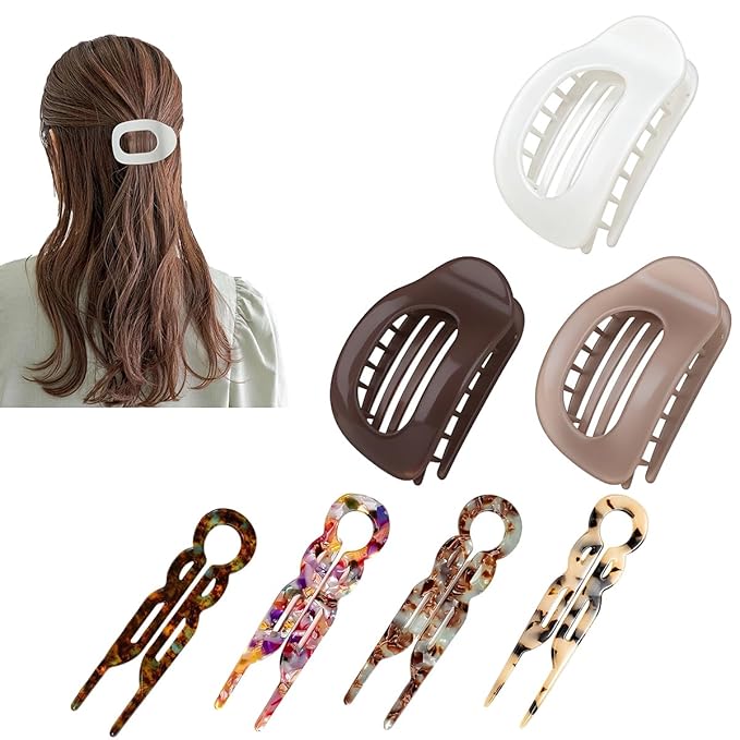 3 PACK Women's Flat Claw Hair Clips And 4 PACK No-Slip Hair Pin Strong Hold Square Hair Accessories For Thick &amp Thin Hair Lay Flat Design For Work &amp Daily Styling(A)