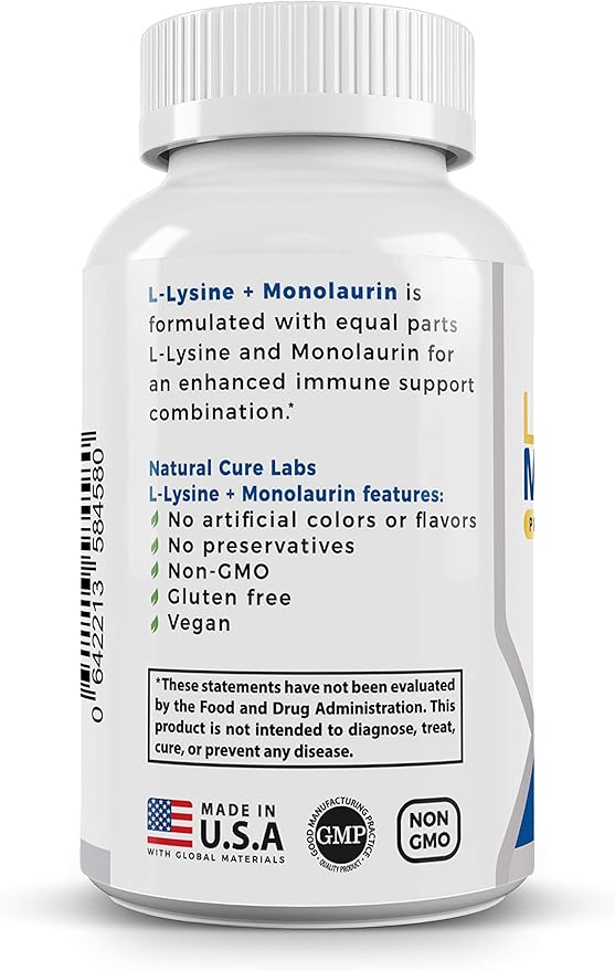 Natural Cure Labs L-Lysine + Monolaurin 600mg 1:1 Ratio 100 Capsules