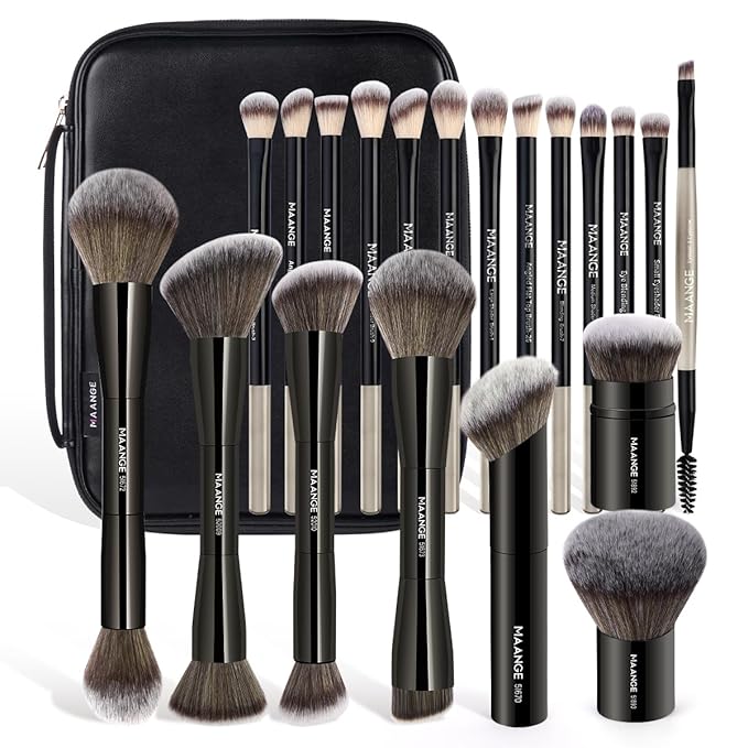 MAANGE 20 PCS Makeup Brush Set with Bag Double-ended Kabuki Brush Foundation Contour Brush for Liquid Powder Concealer Eye Shadows Cream Cosmetics Blending Blush Face Makeup Tools with Case (Black)