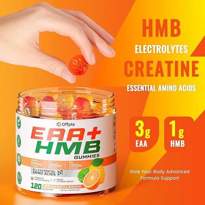EAA Gummies for Men Women 120 Ct Essential Aminos Acids (EAA)Supplements and All Branched-Chain Aminos (BCAAs)with HMBCreatine MonohydrateElectrolytes for Muscle Relief &amp GrowthOrange-Lemon