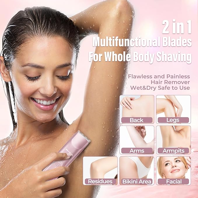 Bikini Trimmer for Women - 2 in 1 Electric Razors for Women - Dual Head Electric Shaver - IPX7 Waterproof Wet &amp Dry Use Body Hair Trimmer and Facial Hair Remover for Bikini Underarm Leg Arm