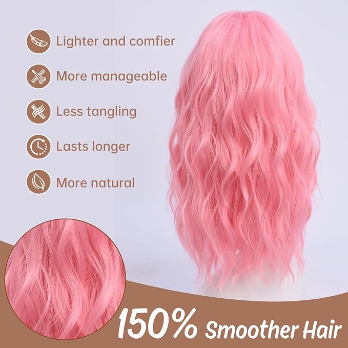Medium Length Pink Wigs for Women 18 Inch Middle Part Wavy Pink Wig Natural Looking Synthetic Heat Resistant Fiber Wig for Daily Party Use (18 inch)