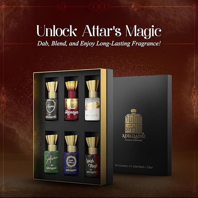 Adil_qadri Assorted Luxury Non Alcoholic Roll-On Attar Collection for Men &amp Women Long-Lasting Fragrance Set Gift Hamper for Him &amp Her Ideal for Special Occasions 6 Bottles of 5.5ml Each