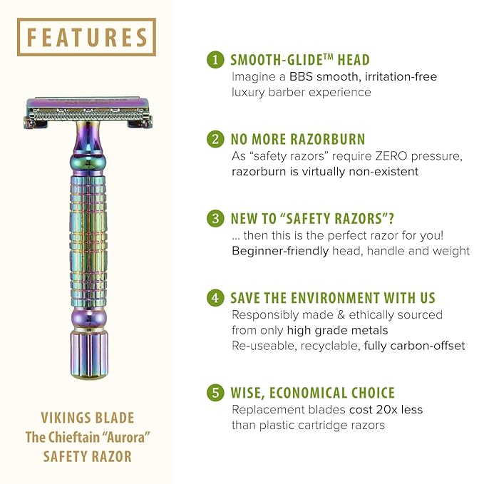 VIKINGS BLADE Double Edge Safety Razor + 5 Swedish Steel Blades + Luxury Case. Smooth Reusable Recyclable (Chieftain Aurora)