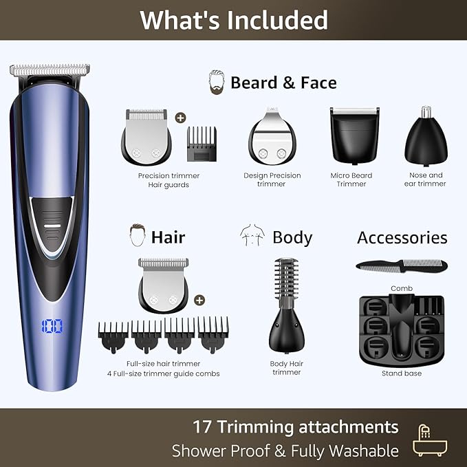 SHPAVVER Beard Trimmer for Men: Professional Barber Hair Clippers - 12-in-1 Cordless Grooming Kit - Waterproof Electric Razor with Turbo Speed &amp Precision Blades Blue