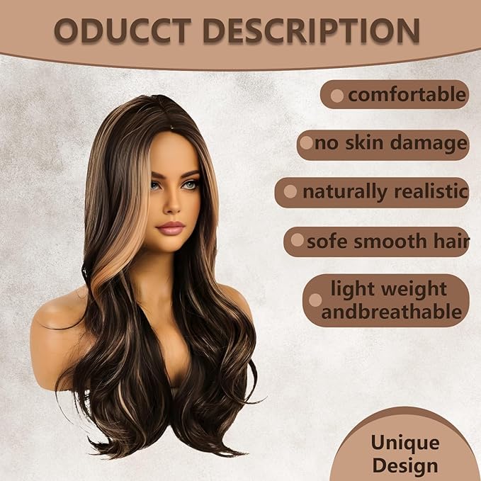 Haoland Brown Blonde Highlight Wigs for Women 26 Inch Long Curly Synthetic Wigs Middle Part Blonde Highlights Hair Wigs Loose Wavy wig Heat Resistant