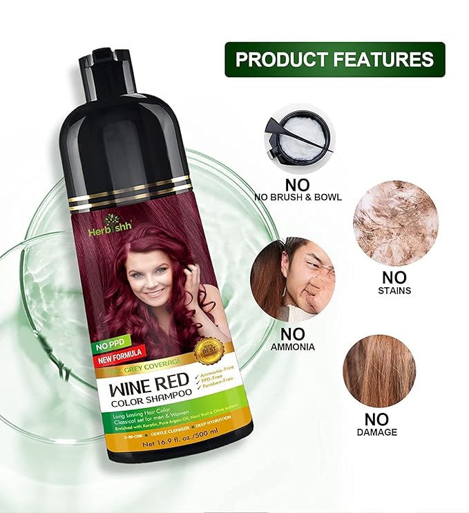 Herbishh Hair Color Shampoo - Magic Dye for Gray Hair Long Lasting Color in Minutes 3-In-1 Ammonia-Free 500 Ml (Wine Red)