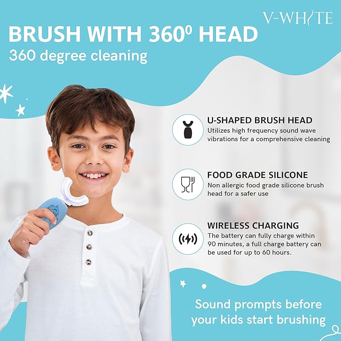 V-WHITE Electric Toothbrush Kids- Ultrasonic U-Shaped Toothbrushes for Teeth Whitening - 360° Mouth Cleansing Hands Free Gums Protection - Wireless Charging &amp LED Light - Waterproof IPX7 Certifie
