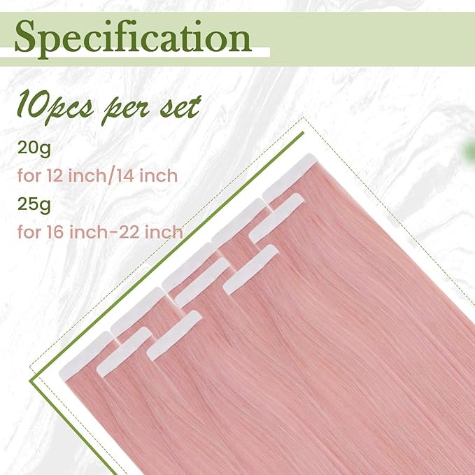 RUNATURE Pink Tape in Hair Extensions Real Human Hair Tape in Extensions Light Pink Hair Extensions for Highlight Colored Party Remy Hair Easy to Apply 20 Inch 25g 10pcs