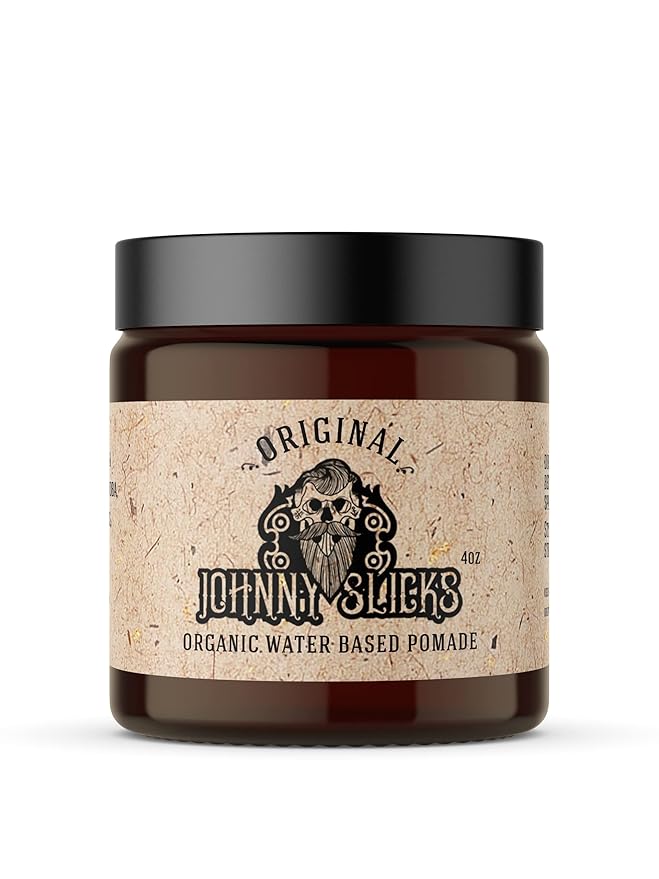 Johnny Slicks Water Based Pomade | Strong Hold High Shine Organic Styling for Men | Promotes Healthy Hair Growth &amp Helps Hydrate Dry Skin (Original 4 Ounce) US Made Veteran Owned
