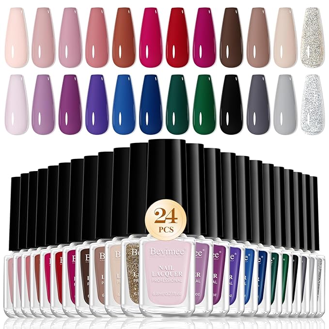 Quick Dry Nail Polish Set: 24 Colors Regular Fingernail Polish Non Gel Bulk Black Nude Pink Red Green Blue Purple Long Lasting French Nail Art DIY Home Gift Set for Women