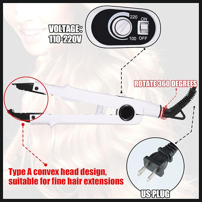 Hair Extensions Iron Fusion Keratin Hair Extensions Heat Tool Heat Connector Wand with Fusion Glue Protector Template Hair Clip Finger Protector 2 Bag Keratin Glue Granule Bead(White)