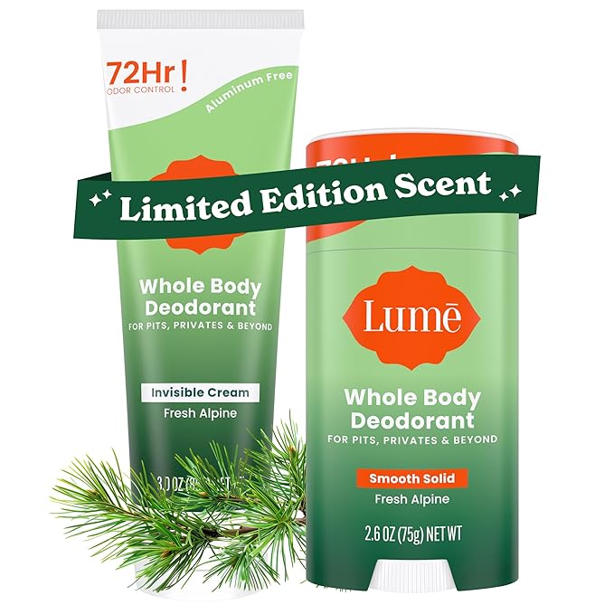 Lume Whole Body Deodorant - Invisible Cream Tube and Solid Stick - 72 Hour Odor Control - Aluminum Free Baking Soda Free Skin Loving - 3.0 Ounce Tube and 2.6 Ounce Solid Stick Bundle (Fresh Alpine)