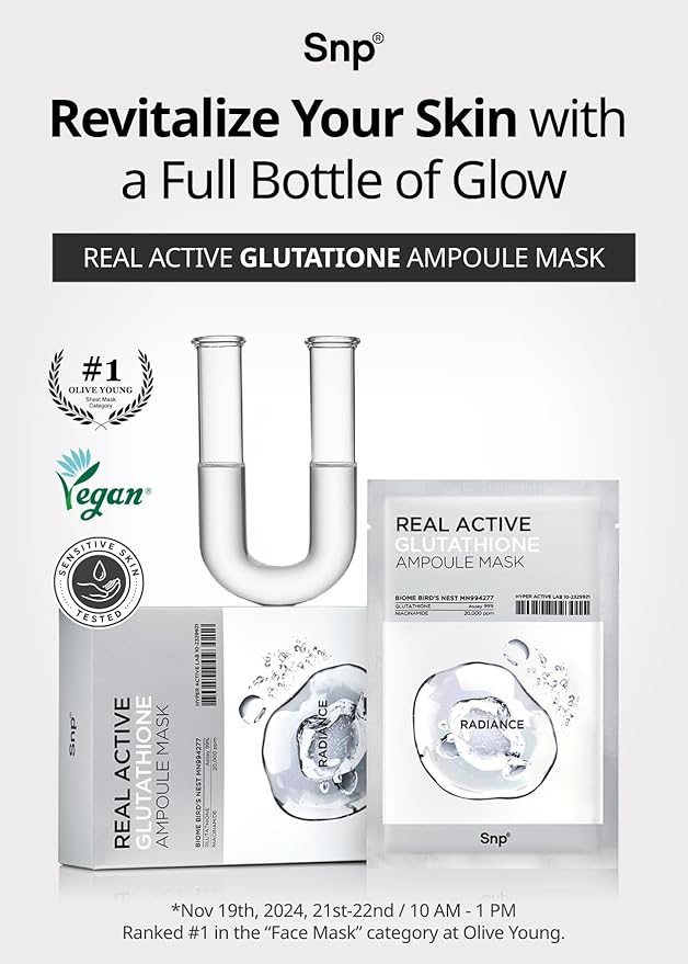 SNP Real active Glutathione Ampoule Sheet Mask | Vegan Face Mask with Glutathione &amp Niacinamide | Revitalizing and Balancing for All Skin Types | Korean Face Masks Skincare | 10 Sheets