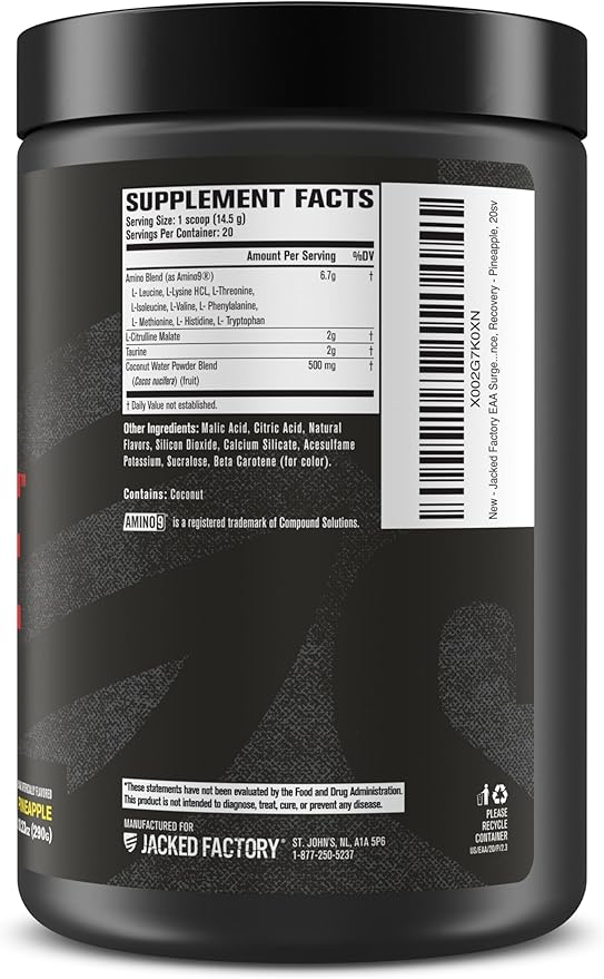 Jacked Factory EAA Surge Essential Amino Acids Powder - EAAS &amp BCAA Intra Workout Supplement w/L-Citrulline Taurine &amp More for Muscle Building Strength Endurance Recovery - Pineapple 20s
