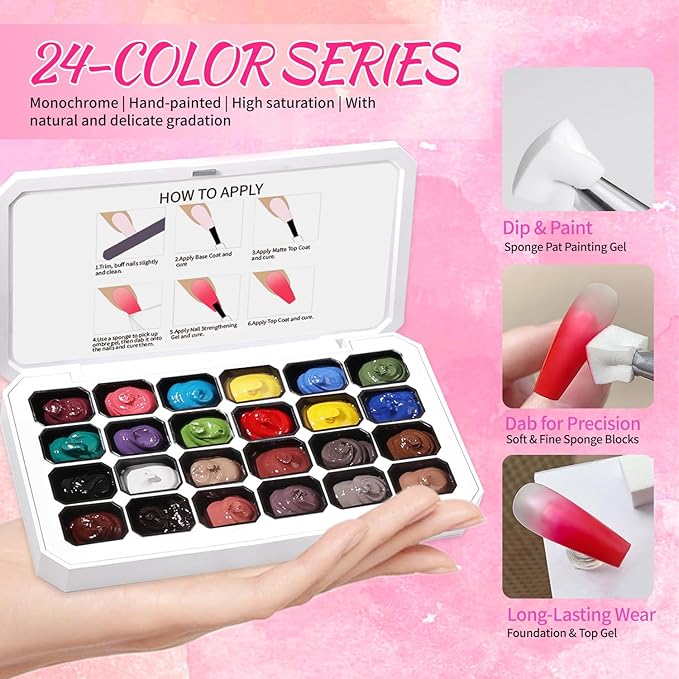 24 Colors Ombre Gel Nail Polish SetOmbre Pigment for NailsGradient Painting Gel with 100Pcs Nail Sponges for 3D Gels Nail Art can be Painted in Salon or Home Use