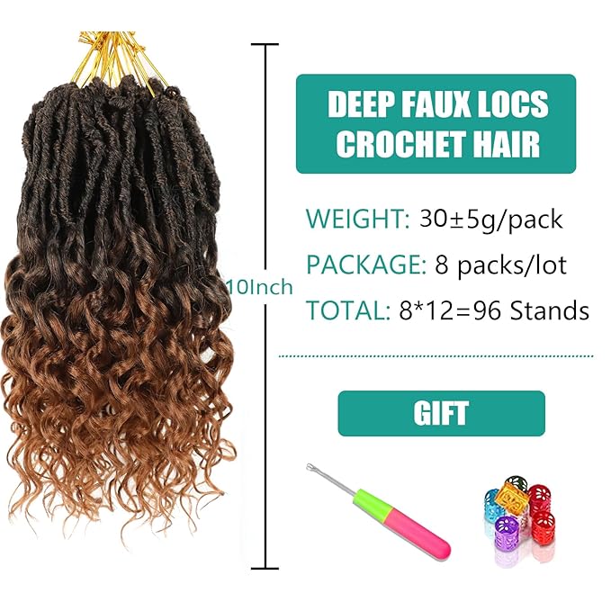 Deep Faux Locs Crochet Hair 10 Inch 8 Packs Goddess Locs Faux Locs Soft Locs Crochet Braids with Curly Ends Pre Looped Deep Wavy Crochet Hair for Black Women (T30)