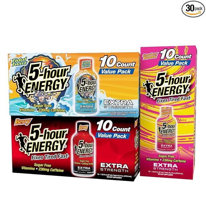 5-Hour Energy Extra Strength Shots Variety Pack 30 Count (1.93 fl oz) - Extra Strength Berry Tidal Twist Strawberry Banana Flavors