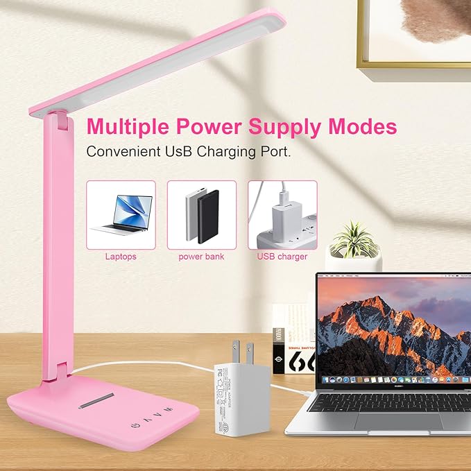 White crown LED Desk Lamp Dimmable Table Lamp Reading Lamp with USB Charging Port 5 Lighting Modes Sensitive Control 30/60 Minutes Timer (Pink First-Generation)