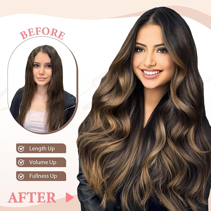 Synthetic Clip in Hair Extensions 6PCS Natural &ampSoft Hair&amp Blends Well Lonng Wavy Hairpieces(20inch6pcs Black with Brown Highlights)