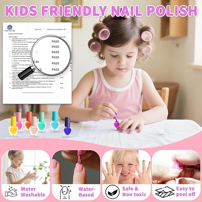 Kids Nail Polish Set for Girls Quick Dry Nail Polish Salon Kit Peelable Nail Polish Ideal Gift Toys for Toddlers Children Princess Christmas Birthday Gifts Toy Age 3-12