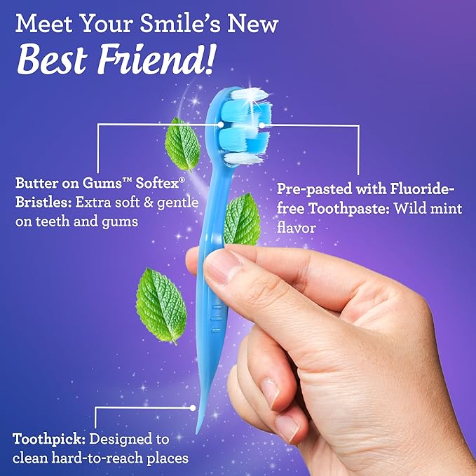 GuruNanda Ready-to-Go Disposable Mini Travel Toothbrushes - Butter on Gums Softex Bristles Pre-Pasted Toothbrush &amp Toothpick - Fluoride-Free No Rinsing Needed 70 Ct