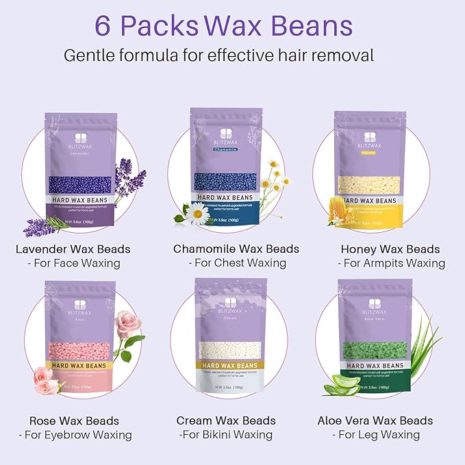 BLITZWAX Brazilian and Bikini Waxing Kit for Women Hard Wax Warmer for Face Legs and Body At Home Hair Removal Kit Beginner Friendly Fast Heating 51 Accessories 6 Types Wax Bean Formula