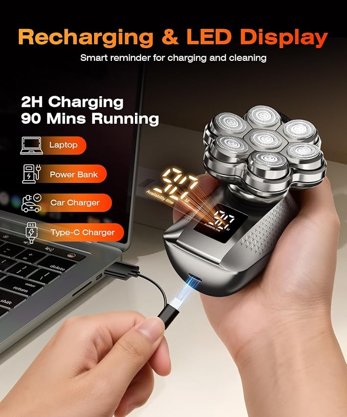 Head Shavers for Bald Men 7D Electric Razor for Men IPX7 Waterproof Dry/Wet Detachable Head Shaver LED Display Fast Charging 5-in-1 Pro Grooming Kit Travel-Friendly Ideal Gift Choice