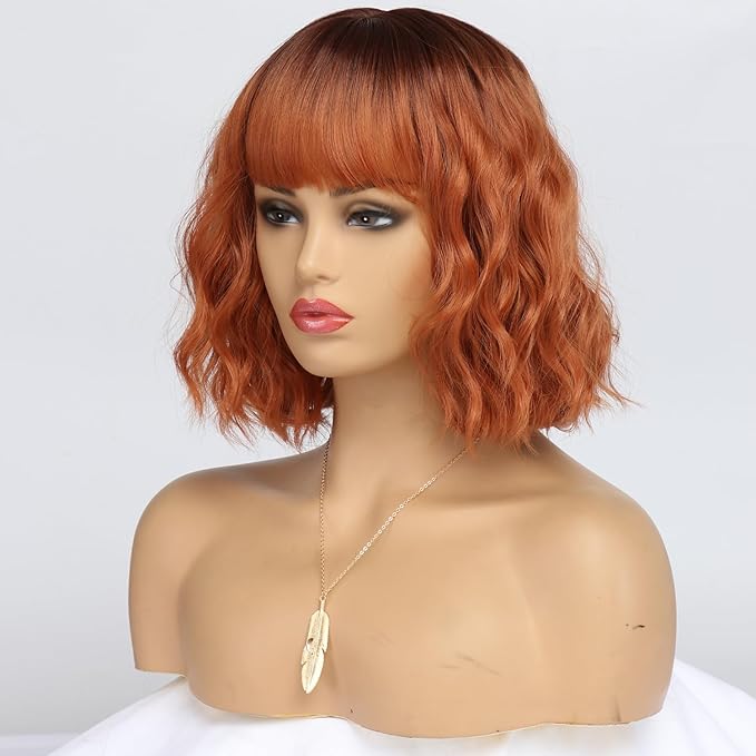 Short Copper Red Wigs for Women Fox Red Wig Ombre Red Dark Root Culy Bob Wigs with Bangs Ginger Hair Wig Wavy Synthetic Wigs(14Inches)