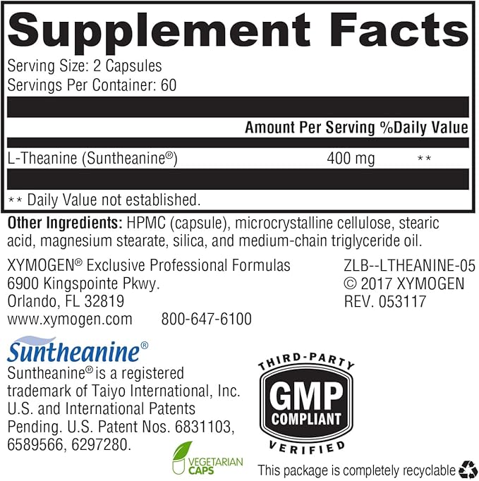 XYMOGEN L-Theanine - Patented Suntheanine L theanine 400mg Per Serving - Amino Acid Supplement to Support Calm + Relaxation Without Drowsiness Liver Health (120 Capsules)