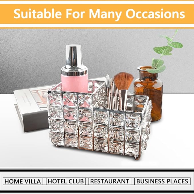 LUEXBOX Crystal Makeup Brush Holder One-Piece Square Brush Organizer Cosmetics Brush Storage Container for Table Dresser Bathroom Bedroom Organization (Silver)